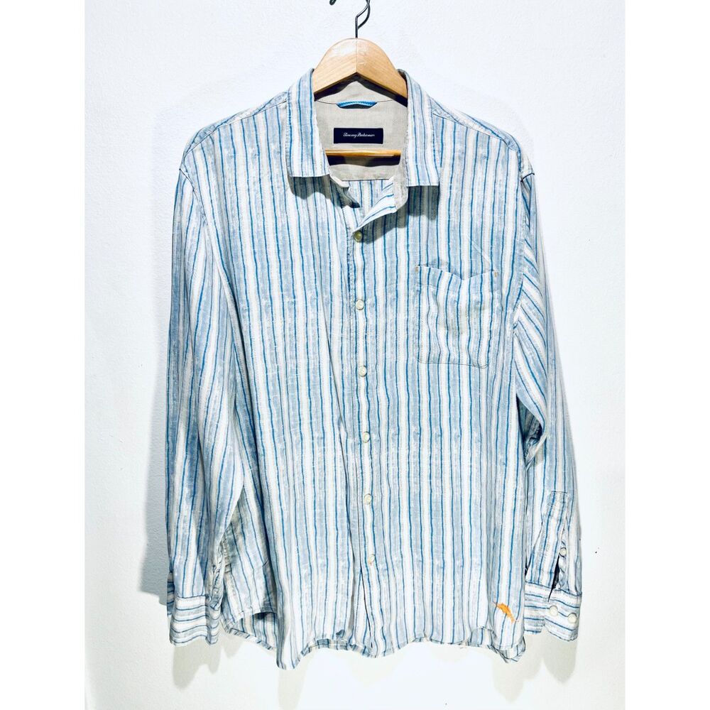 Tommy Bahama linen shirt long sleeve stripes blue gray summer casual men's XL
